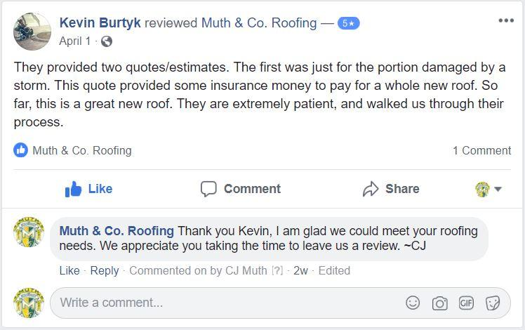 Facebook review for Muth & Company Roofing