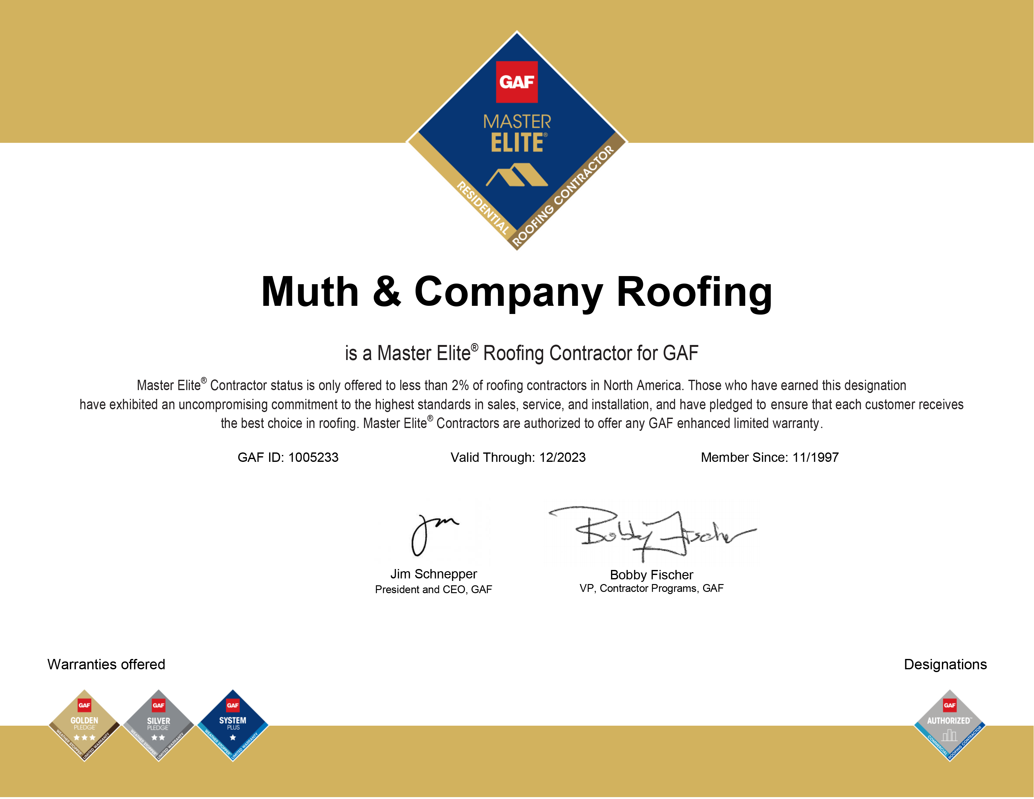 Training Certificates Westerville OH Muth Company Roofing