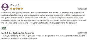 Muth Roofing customer review from BBB