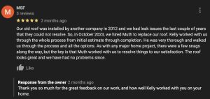 Muth Roofing customer review on Google